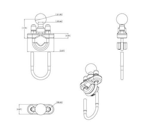 RAM Handlebar U-Bolt Base for Rails 0.5" to 1" Diameter