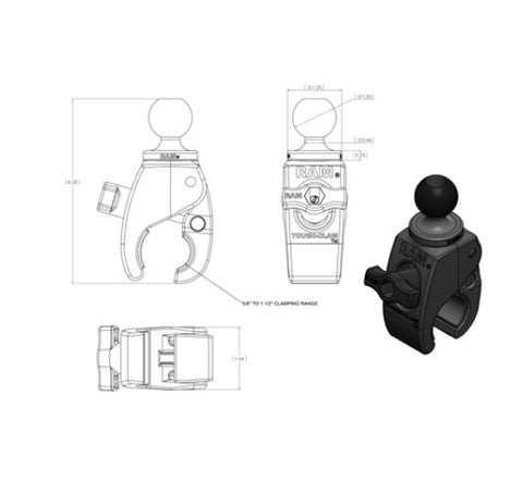 RAM Mount Tough-Claw Small Clamp Base w/ 1" Ball