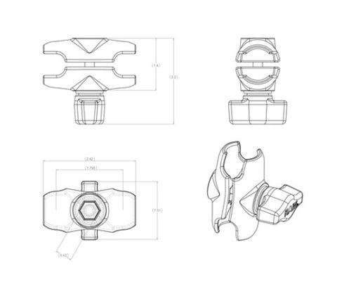 RAM Mount Bras court en aluminium à double douille pour boule de 1"